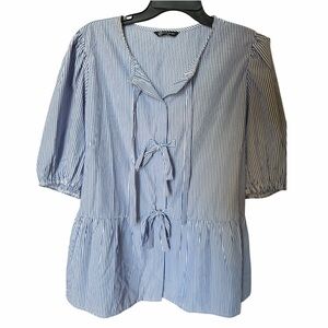 Women's Blue Stripe Peplum Tie-Front Blouse